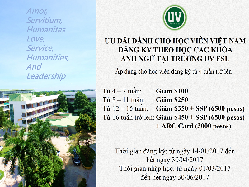 Học bổng ưu đãi 2017 từ trường Anh ngữ UV ESL